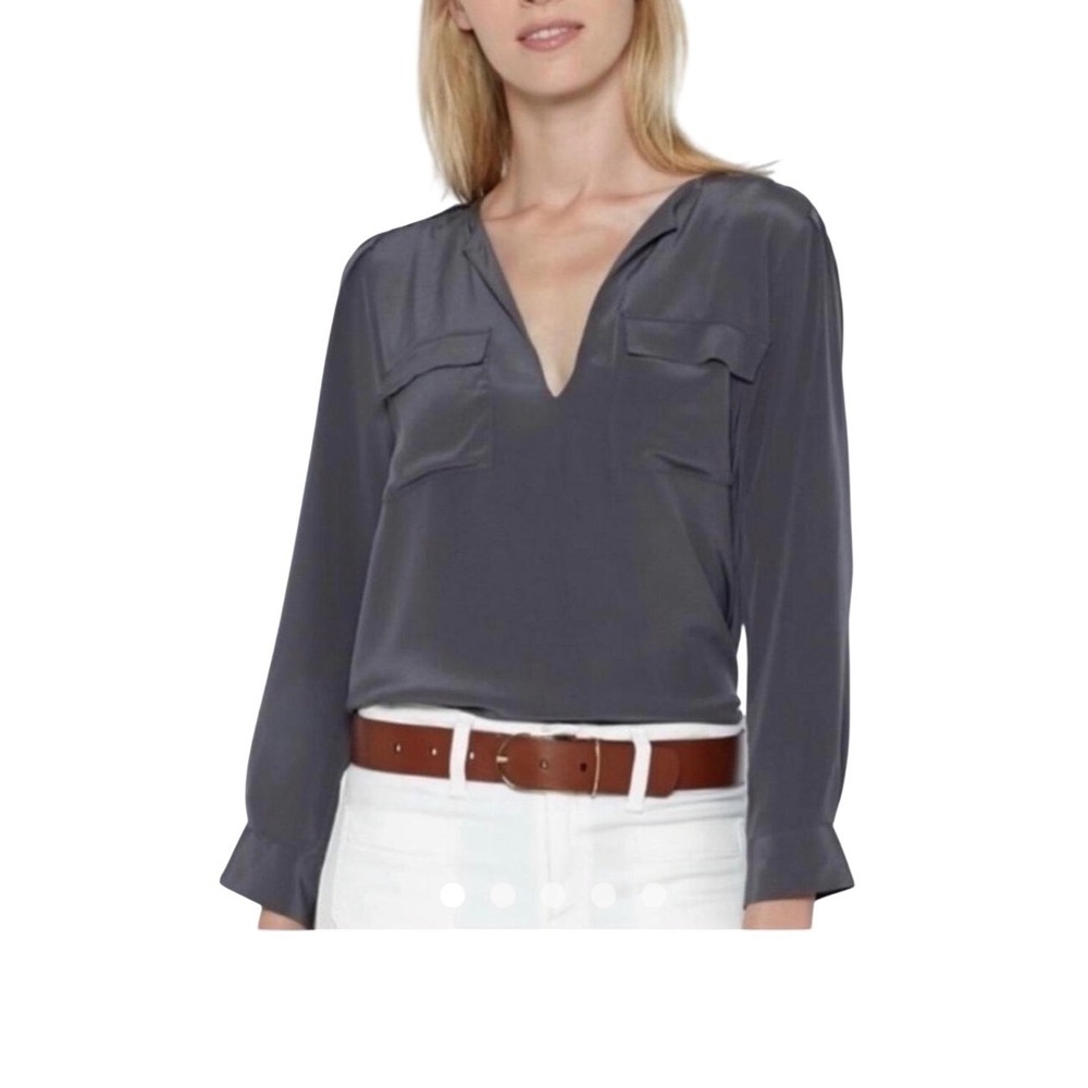 A New Day Womens XL Charcoal Gray Long Sleeve Split Neck Flap Pocket Blouse NWT